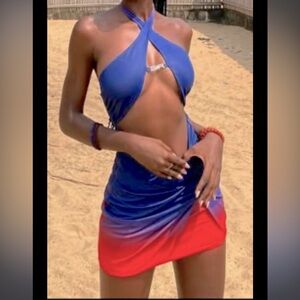 I.AM.GIA Dress - blue to red ombré halter cut out mini